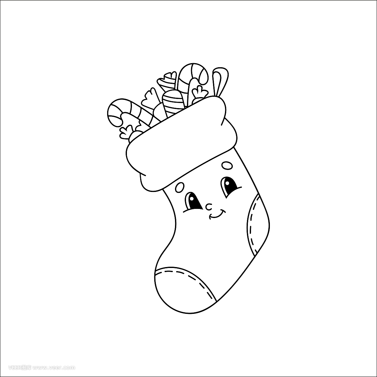 裝有禮物的圣誕襪。兒童涂色書。開朗的性格。矢量插圖?？蓯鄣目ㄍL格。兒童幻想頁面。黑色的輪廓剪影。孤立在白色背景上。