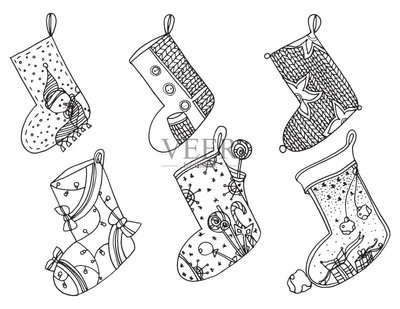 一套圣誕襪。矢量程式化的冬天襪子的集合。一整套裝飾圣誕絲襪。手工繪制的黑色和白色。涂鴉藝術矢量圖素材下載 - Veer圖庫