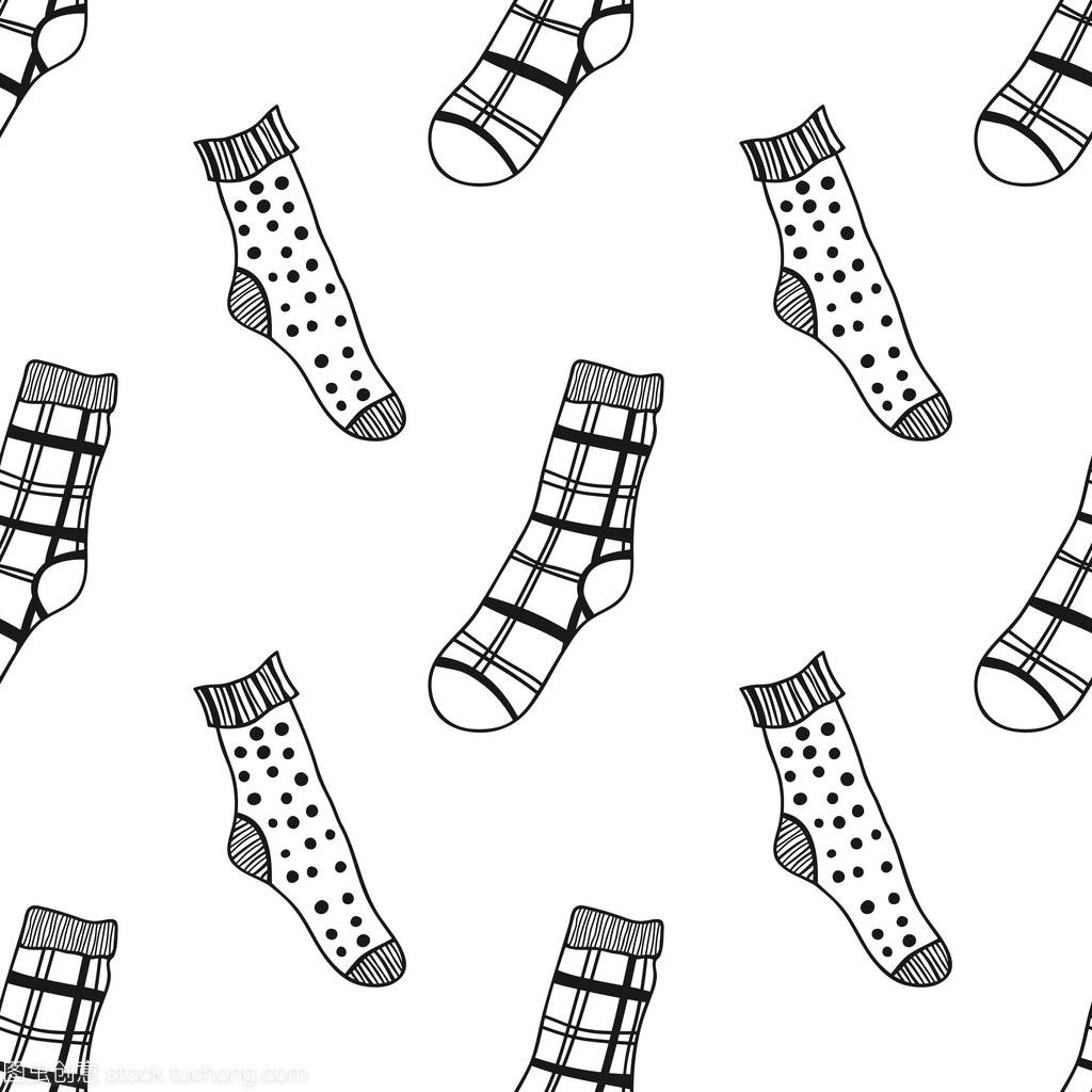 襪子。黑白無縫圖案, 用于著色書籍和頁面。針織服裝。矢量插圖